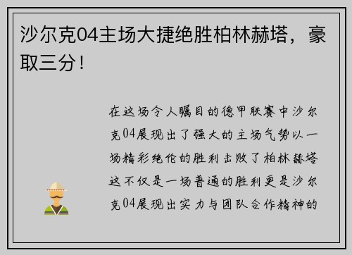 沙尔克04主场大捷绝胜柏林赫塔，豪取三分！